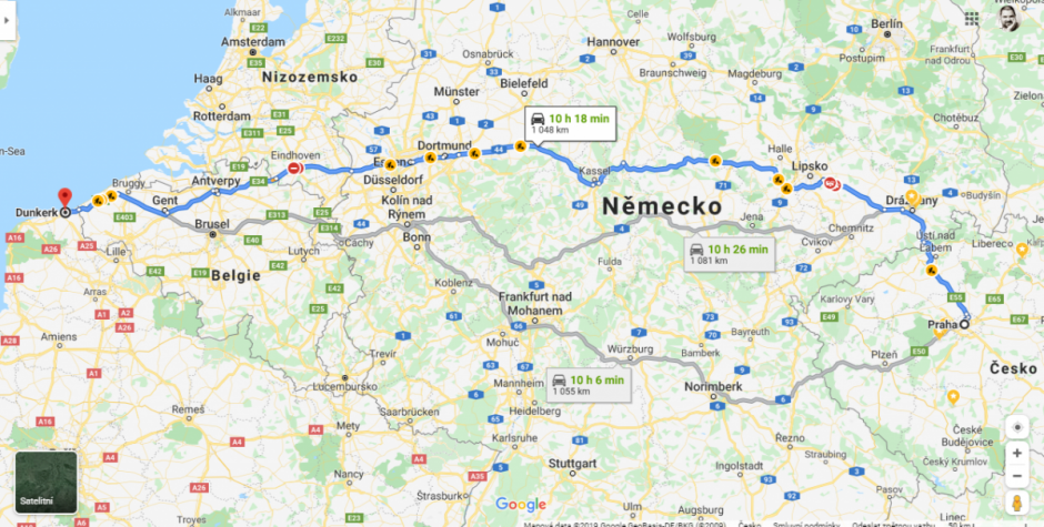 Mapa Praha-Dunkerk (díky, Google)